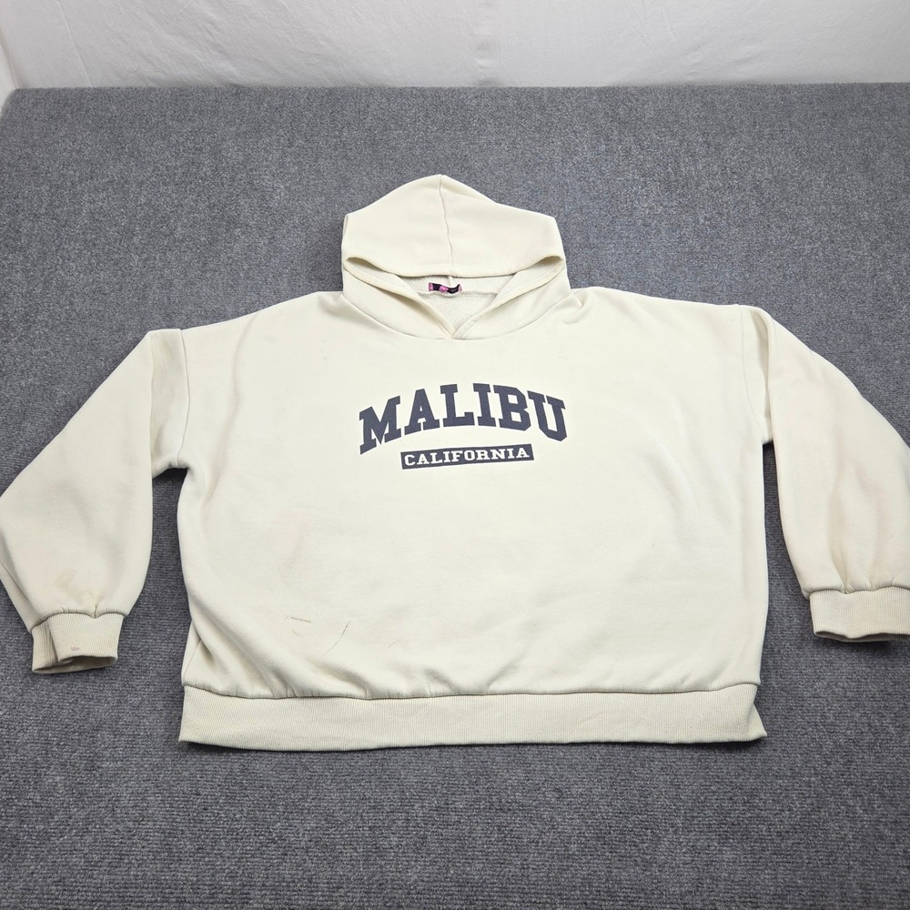 Malibu California Hoodie Women XL Cream Oversized Grunge Boxy Sweatshirt Y2K
